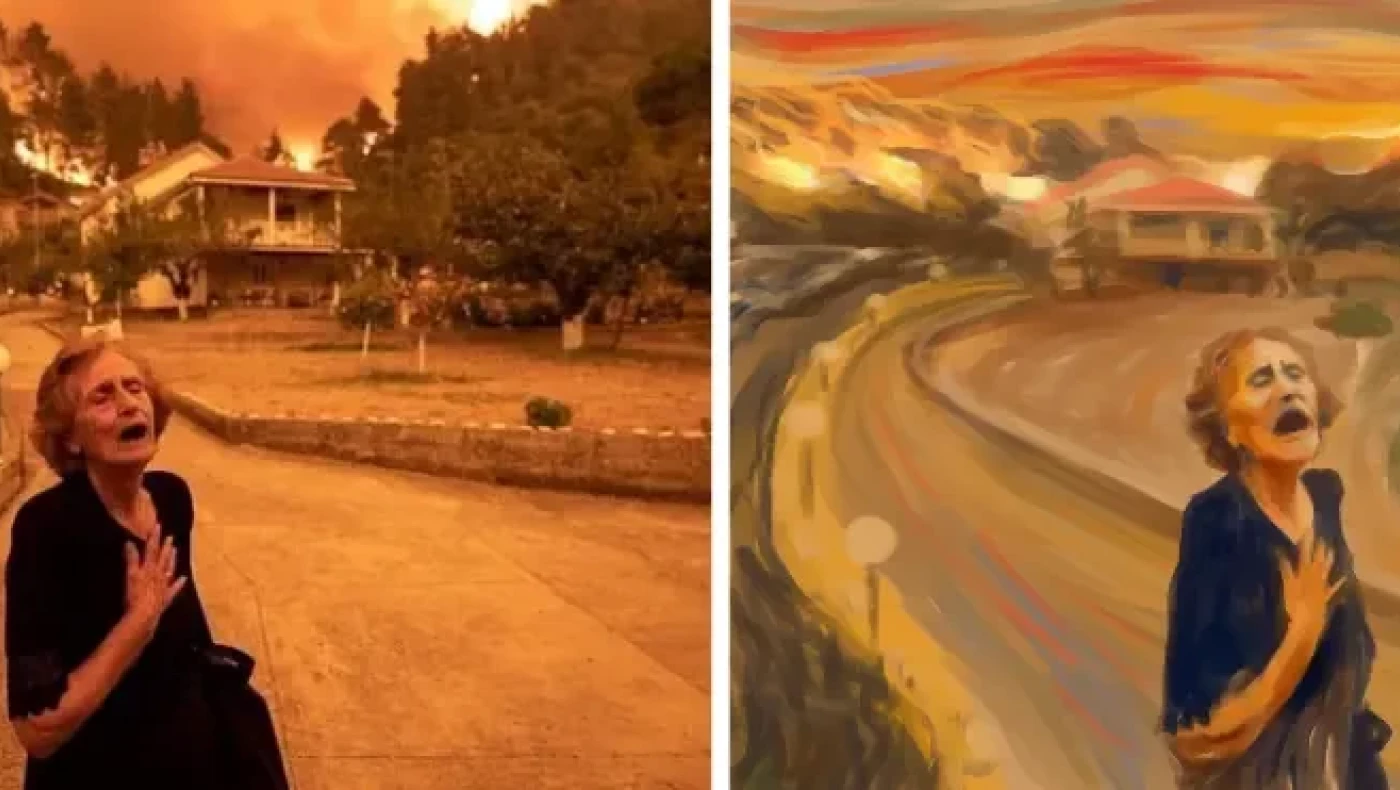 Φωτιά στην Εύβοια: Συγκρίνουν την viral φωτογραφία της γυναίκας που στενάζει με την «Κραυγή» του Μουνκ