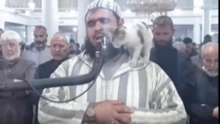 Iμάμης προσεύχεται για το Ραμαζάνι και γάτα πηδάει στον ώμο του